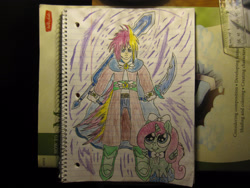 Size: 2828x2121 | Tagged: safe, artist:piplupstarscommander, imported from derpibooru, oc, oc:calamity, oc:sugar cookie, alicorn, human, pony, alicorn oc, calamity, high res, horn, lined paper, looking up, sword, traditional art, weapon, wings