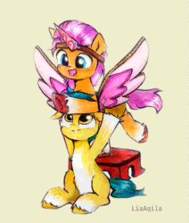 Size: 509x600 | Tagged: safe, artist:liaaqila, artist:szafir87, imported from derpibooru, hitch trailblazer, sunny starscout, earth pony, pony, spoiler:my little pony: a new generation, animated, blinking, colt, colt hitch trailblazer, cute, daaaaaaaaaaaw, fake horn, fake wings, female, filly, filly sunny starscout, foal, g5, gif, happy, hitchbetes, hnnng, liaaqila is trying to murder us, male, my little pony: a new generation, open mouth, princess sunny starscout, smiling, stool, sunnybetes, weapons-grade cute, younger
