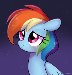 Size: 1900x2000 | Tagged: safe, artist:darkynez, imported from derpibooru, rainbow dash, pegasus, pony, blushing, bust, crying, female, folded wings, lidded eyes, mare, night, rain, sad, smiling, solo, teary eyes, three quarter view, wings