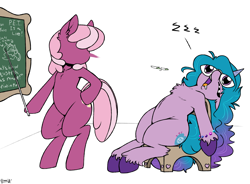 Size: 2575x1900 | Tagged: safe, alternate version, artist:skoon, imported from derpibooru, cheerilee, izzy moonbow, earth pony, pony, semi-anthro, unicorn, belly, bipedal, bracelet, chalkboard, cheerilee is not amused, chest fluff, crossover, dexterous hooves, disembodied face, duo, female, g5, glasses, hoof hold, hoof on hip, jewelry, mare, my little pony: a new generation, no face, pointer, sleeping, sleeping in class, snoring, this will end in detention, unshorn fetlocks