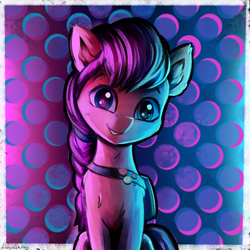 Size: 4000x4000 | Tagged: safe, artist:adagiostring, imported from derpibooru, sunny starscout, earth pony, pony, abstract background, bust, commission, cute, female, g5, gradient background, looking at you, mare, my little pony: a new generation, portrait, smiling, solo