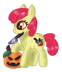 Size: 825x953 | Tagged: safe, artist:crazygreenfluff, imported from derpibooru, apple bloom, earth pony, pony, alternate cutie mark, female, filly, knife, pumpkin, simple background, solo, white background