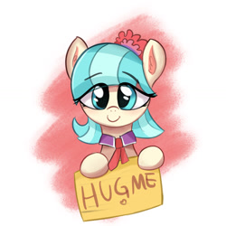 Size: 1219x1219 | Tagged: safe, artist:kqaii, imported from derpibooru, coco pommel, earth pony, pony, bow, bronybait, cocobetes, cute, female, hair bow, hug request, mare, sign, solo