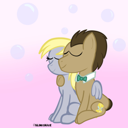 Size: 3600x3600 | Tagged: safe, artist:blinkshake, imported from derpibooru, derpy hooves, doctor whooves, time turner, earth pony, pegasus, pony, brown mane, doctorderpy, eyes closed, female, g4, high res, holding, hug, male, mare, shipping, sitting, smiling, snuggling, stallion, straight, winghug, wings, yellow mane