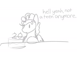 Size: 2000x1500 | Tagged: safe, artist:shiiiny, imported from derpibooru, oc, oc only, oc:shiiiny, pegasus, pony, birthday, birthday cake, cake, curly hair, doodle, food, monochrome, ponysona, simple, sitting, sketch, solo, table