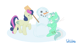 Size: 1280x731 | Tagged: safe, artist:shiiiny, imported from derpibooru, bon bon, lyra heartstrings, sweetie drops, earth pony, pony, broom, carrot, concerned, duo, duo female, evil grin, female, food, g4, grin, lesbian, lyrabon, mare, shipping, simple background, smiling, snow, snowman, transparent background, winter