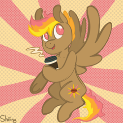 Size: 2000x2000 | Tagged: safe, artist:shiiiny, imported from derpibooru, oc, oc only, oc:mocha sunrise, pegasus, pony, abstract background, brown fur, coffee, female, floating, flying, high res, looking up, mare, multicolored hair, pink eyes, screentone, smiling, solo, steam, sunburst background