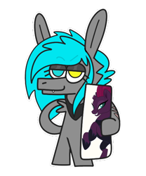 Size: 500x600 | Tagged: safe, artist:vommutt, imported from derpibooru, fizzlepop berrytwist, tempest shadow, oc, oc only, oc:sorajona, oc:sorajona darkwing, pegasus, pony, body pillow, chibi, derp, grey fur, grin, heterochromia, joke, long ears, meme, neckerchief, scene hair, simple background, smiling, smirk, solo, transparent background