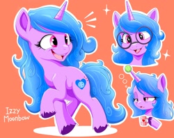 Size: 2048x1622 | Tagged: safe, artist:zebra10045, imported from derpibooru, izzy moonbow, pony, unicorn, spoiler:my little pony: a new generation, backwards cutie mark, ball, bust, cute, emanata, female, g5, glasses, izzy's tennis ball, izzybetes, mare, morning ponies, mug, my little pony: a new generation, open mouth, open smile, orange background, outline, raised hoof, round glasses, simple background, smiling, solo, sparkles, tennis ball, white outline