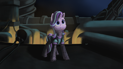 Size: 5120x2880 | Tagged: safe, artist:dreamingofpony, derpibooru exclusive, imported from derpibooru, starlight glimmer, cyborg, pony, unicorn, amputee, augmented, clothes, cyberpunk, equestria girls outfit, female, high res, mare, night, prosthetic leg, prosthetic limb, prosthetics, smiling, solo, vest