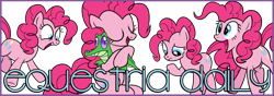 Size: 1000x350 | Tagged: safe, imported from derpibooru, gummy, pinkie pie, alligator, earth pony, pony, equestria daily, banner, black outlines, eyes closed, female, hug, jumping, male, multeity, open mouth, pinkie pie day, simple background, transparent background