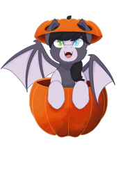 Size: 2480x3508 | Tagged: safe, artist:backgroundpony#f352, imported from derpibooru, oc, oc only, oc:eden, bat pony, pony, bat wings, commission, cute, cute little fangs, eyes open, fangs, female, fluffy, halloween, halloween 2021, heterochromia, high res, holiday, mare, pumpkin, simple background, solo, transparent background, wings, ych result, your character here