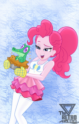 Size: 1350x2109 | Tagged: safe, artist:theretroart88, imported from derpibooru, gummy, pinkie pie, equestria girls, clothes, food, gloves, open mouth, pie