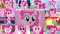 Size: 4350x2449 | Tagged: safe, edit, edited screencap, editor:quoterific, imported from derpibooru, screencap, pinkie pie, earth pony, pony, a friend in deed, bats!, green isn't your color, honest apple, make new friends but keep discord, pinkie pride, season 1, season 2, season 3, season 4, season 5, season 6, season 7, season 8, sweet and elite, the crystalling, the last laugh, the mane attraction, the ticket master, too many pinkie pies, yakity-sax, :o, bagpipes, bipedal, breaking the fourth wall, collage, confetti, cute, diapinkes, eyes closed, female, floppy ears, mare, musical instrument, open mouth, open smile, party cannon, pinkie pie day, smiling, solo, twilight's castle, ukulele, yovidaphone