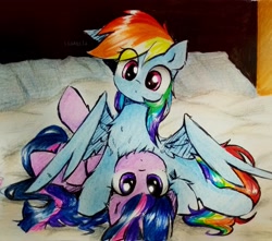 Size: 2985x2634 | Tagged: safe, artist:liaaqila, imported from derpibooru, rainbow dash, twilight sparkle, alicorn, pegasus, pony, bed, chest fluff, cute, duo, eye clipping through hair, female, high res, lesbian, looking at you, lying down, mare, on back, shipping, spread wings, twidash, twilight sparkle (alicorn), wings