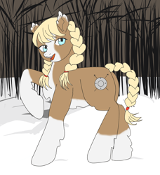 Size: 1274x1396 | Tagged: safe, artist:anonymous, imported from ponybooru, oc, oc only, oc:shieldfrost, /mlp/, belly fluff, blaze (coat marking), braid, braided pigtails, braided tail, chest fluff, coat markings, ear fluff, ears, female, fluffy, forest, hoof fluff, looking at you, mare, raised hoof, raised leg, snow, snowpony (species), socks (coat marking), taiga pony