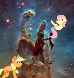 Size: 1280x1335 | Tagged: safe, artist:benpictures1, imported from ponybooru, applejack, fluttershy, earth pony, pegasus, applejack is not amused, cute, ears, floppy ears, pillars of creation, shocked expression, shyabetes, unamused