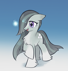 Size: 1909x2000 | Tagged: safe, artist:marbo, marble pie, pony, cute, female, hair over one eye, marblebetes, mare, open mouth, race swap, raised hoof, snow, snowflake, snowpony (species), solo, taiga pony