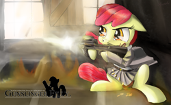 Size: 2500x1530 | Tagged: safe, artist:chopsticks, imported from derpibooru, apple bloom, earth pony, pony, clothes, dress, female, filly, gun, gunslinger girl, parody, solo, weapon