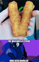 Size: 500x784 | Tagged: safe, imported from derpibooru, princess luna, exploitable meme, food, meme, mozzarella sticks, sonic drive-in, the fun has been doubled
