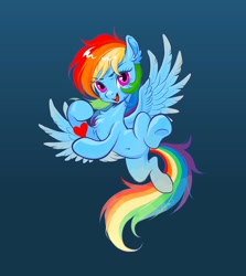 Size: 914x1024 | Tagged: safe, artist:paipaishuaige, imported from derpibooru, rainbow dash, pegasus, pony, belly button, cute, dashabetes, female, flying, gradient background, heart, mare, open mouth, signature, smiling, solo, spread wings, wings