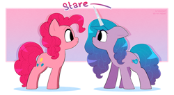 Size: 2792x1529 | Tagged: safe, artist:syrupyyy, imported from derpibooru, izzy moonbow, pinkie pie, earth pony, pony, unicorn, duo, female, g5, generation leap, mare, my little pony: a new generation, ponytober, profile, stare, staring contest, the new pinkie pie, this will end in parties