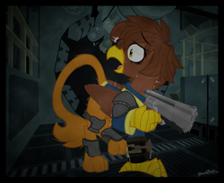 Size: 2000x1636 | Tagged: safe, artist:sherathoz, imported from derpibooru, oc, griffon, fallout equestria, clothes, dark, jumpsuit, pipboy, scared, vault, vault suit