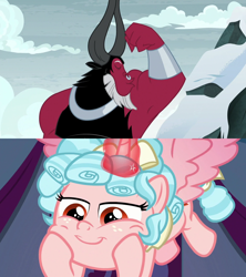 Size: 1280x1440 | Tagged: safe, edit, edited screencap, imported from derpibooru, screencap, cozy glow, lord tirek, alicorn, frenemies (episode), the ending of the end, admiring, alicornified, bedroom eyes, cozirek, cozycorn, female, hunk, kissing, male, muscles, race swap, shipping, shipping domino, straight, stupid sexy tirek