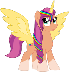 Size: 6938x7152 | Tagged: safe, alternate version, artist:ejlightning007arts, imported from derpibooru, sunny starscout, alicorn, pony, spoiler:g5, spoiler:my little pony: a new generation, alicornified, alternate hairstyle, female, g4, g5, g5 to g4, looking up, mane stripe sunny, mare, my little pony: a new generation, ponytail, princess sunny starscout, race swap, simple background, solo, spread wings, sunnycorn, transparent background, vector, wings