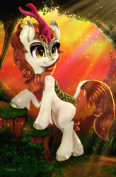 Size: 1680x2560 | Tagged: safe, artist:darksly, imported from derpibooru, autumn blaze, kirin, sounds of silence, awwtumn blaze, crepuscular rays, cute, female, grass, high res, looking at you, nature, scenery, solo, tree