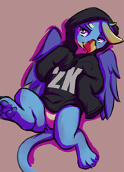Size: 832x1158 | Tagged: safe, artist:kam, imported from derpibooru, gallus, griffon, clothes, hoodie, looking at you, male, paw pads, solo, text, wings
