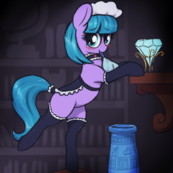 Size: 3000x3000 | Tagged: safe, alternate version, artist:t72b, imported from derpibooru, tote bag (g4), earth pony, pony, balancing, bipedal, bipedal leaning, blushing, choker, clothes, diamond, duster, eyebrows, eyebrows visible through hair, female, frilly, high res, leaning, looking at you, maid, maid headdress, mare, mouth hold, smiling, socks, solo, stockings, tail, tail wrap, thigh highs
