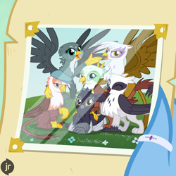 Size: 1920x1920 | Tagged: safe, artist:facelessjr, imported from derpibooru, gabby, gilda, gimme moore, giselle, greta, irma, natalya, oc, oc:princess gaia, griffon, adventure in the comments, alternate mane six, alternate universe, bunny ears (gesture), cute, fanfic in the description, featured image, female, folded wings, friendship report, gabbybetes, gildadorable, gretadorable, griffon oc, group, group photo, letter, lying down, mane six opening poses, my little griffon, ocbetes, one eye closed, parody, photo, prone, raised arm, shadow, smiling, spread wings, standing, story in the comments, story included, sweet dreams fuel, talons, watermark, when she smiles, wings, wings down, wink