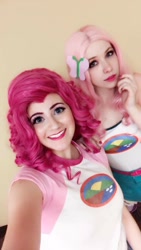Size: 540x960 | Tagged: safe, artist:littlemissbloo, artist:sarahndipity cosplay, imported from derpibooru, fluttershy, pinkie pie, human, equestria girls, legend of everfree, camp everfree outfits, clothes, cosplay, costume, irl, irl human, photo