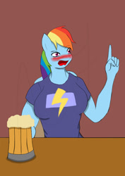 Size: 595x842 | Tagged: safe, artist:afhybrid, imported from derpibooru, rainbow dash, anthro, pegasus, breasts, cider, cider mug, clothes, drunk, drunker dash, go home you're drunk, mug, red face, shirt, solo, t-shirt