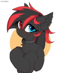 Size: 1707x2000 | Tagged: source needed, safe, artist:butterbit, imported from derpibooru, oc, oc only, oc:sharpe, bat pony, pony, bat pony oc, bust, choker, commission, cute, ear fluff, fangs, female, freckles, heterochromia, looking at you, mare, piercing, portrait, simple background, solo, spiked choker, white background, ych result