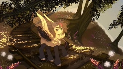 Size: 1080x608 | Tagged: safe, artist:natella08288818, imported from derpibooru, oc, oc only, pegasus, pony, dappled sunlight, flower, solo, train tracks, tree