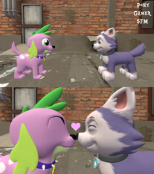 Size: 1280x1440 | Tagged: safe, artist:ponygamer2020, imported from derpibooru, spike, spike the regular dog, dog, husky, equestria girls, 3d, blushing, bonding, boop, collar, crossover, crossover shipping, cute, everest (paw patrol), eye contact, eyes closed, female, heart, kissing, looking at each other, love, male, nose to nose, nose wrinkle, noseboop, nuzzling, paw patrol, paws, puppy, shipping, smiling, source filmmaker, spikabetes, spike the dog, spike's dog collar, spikerest, straight, tail