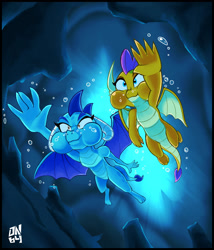 Size: 1920x2245 | Tagged: safe, artist:darkneon-64, imported from derpibooru, princess ember, smolder, dragon, bubble, cave, commission, dragoness, duo, duo female, female, holding breath, looking up, puffy cheeks, signature, swimming, underwater, water, wings