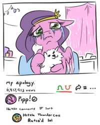 Size: 460x574 | Tagged: safe, artist:jargon scott, imported from derpibooru, hitch trailblazer, pipp petals, dog, pegasus, pomeranian, pony, spoiler:my little pony: a new generation, adorapipp, apology, apology video, cloudpuff, crying, cute, female, floppy ears, g5, holding a dog, looking at you, mare, my little pony: a new generation, ratio, runny nose, sad, sad pony, wavy mouth, youtube