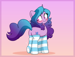 Size: 5948x4488 | Tagged: safe, artist:kittyrosie, imported from derpibooru, izzy moonbow, pony, unicorn, absurd resolution, backwards cutie mark, blushing, butt, clothes, cute, female, g5, gradient background, horn, izzy moonbutt, izzybetes, mare, my little pony: a new generation, plot, socks, solo, striped socks, underhoof