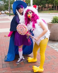 Size: 1080x1350 | Tagged: safe, artist:littleprofessorproductions, artist:sarahndipity cosplay, artist:shelbeanie, imported from derpibooru, pinkie pie, twilight sparkle, human, animal costume, chicken pie, chicken suit, clothes, cosplay, costume, irl, irl human, lollichop, photo, star swirl the bearded costume