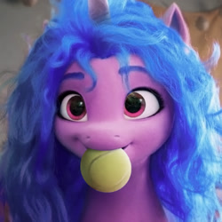Size: 920x920 | Tagged: safe, edit, edited screencap, editor:lolledits, imported from derpibooru, screencap, izzy moonbow, pony, unicorn, spoiler:my little pony: a new generation, ball, bed mane, behaving like a dog, cute, female, g5, izzy's tennis ball, izzybetes, messy mane, mouth hold, my little pony: a new generation, palette swap, recolor, solo, tennis ball, that pony sure does love tennis balls