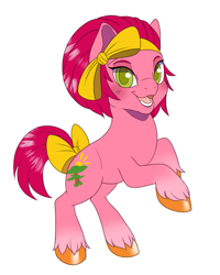 Size: 1019x1274 | Tagged: safe, artist:sunnyvale, imported from derpibooru, oc, oc only, oc:sunny vale, earth pony, pony, bow, female, g5, hair bow, headband, mare, rearing, simple background, smiling, solo, tail, tail bow, white background