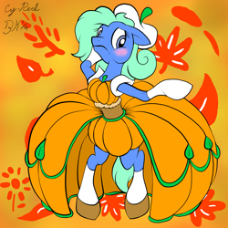 Size: 4096x4096 | Tagged: safe, artist:dashingjack, imported from derpibooru, oc, oc:brainstorm, earth pony, pony, bipedal, blushing, clothes, crossdressing, dress, femboy, male, pumpkin, trap