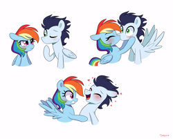 Size: 3600x2900 | Tagged: safe, artist:darkynez, imported from derpibooru, rainbow dash, soarin', pegasus, pony, blushing, eyes closed, female, frown, heart, high res, kissing, male, mare, one eye closed, open mouth, open smile, shipping, simple background, smiling, soarindash, spread wings, stallion, straight, tsunderainbow, tsundere, white background, wings