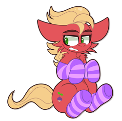 Size: 1090x1080 | Tagged: safe, artist:saveraedae, imported from derpibooru, sprout cloverleaf, earth pony, pony, blushing, cheek fluff, clothes, cute, embarrassed, floppy ears, g5, gritted teeth, looking offscreen, male, my little pony: a new generation, neck fluff, purple socks, socks, solo, sprout is not amused, sproutbetes, stallion, striped socks