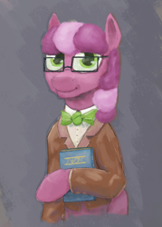 Size: 1250x1750 | Tagged: safe, anonymous artist, imported from derpibooru, cheerilee, earth pony, pony, book, bowtie, clothes, female, glasses, looking at you, mare, ponybooru import, simple background, solo, suit