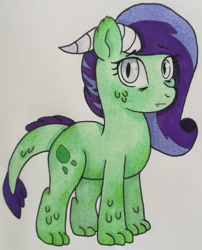 Size: 1280x1586 | Tagged: safe, artist:matbenetti17, imported from derpibooru, oc, oc only, oc:nephrite drop, dracony, hybrid, fangs, female, filly, horns, interspecies offspring, offspring, parent:rarity, parent:spike, parents:sparity, slit pupils, solo, traditional art