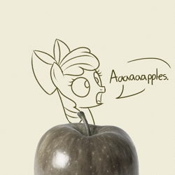 Size: 1200x1200 | Tagged: safe, artist:dtcx97, imported from derpibooru, apple bloom, earth pony, pony, apple, female, filly, food, solo, speech bubble